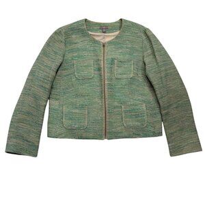 J Jill Linen Blend Tweed Spring Blazer Jacket Full Zip Stretch Green Size LP